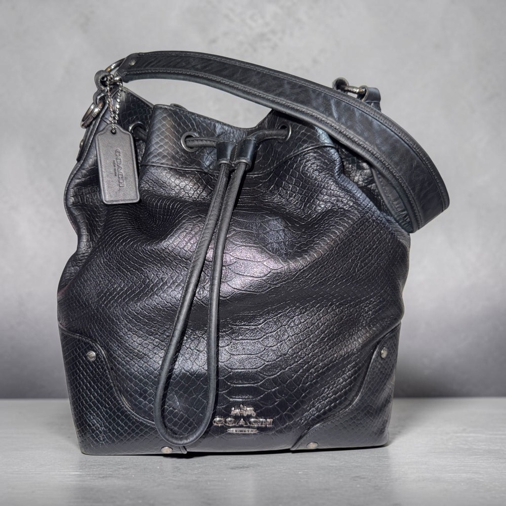 Coach Black Snake Embossed Leather Drawstring Bucket Bag Shoulder Gunmetal